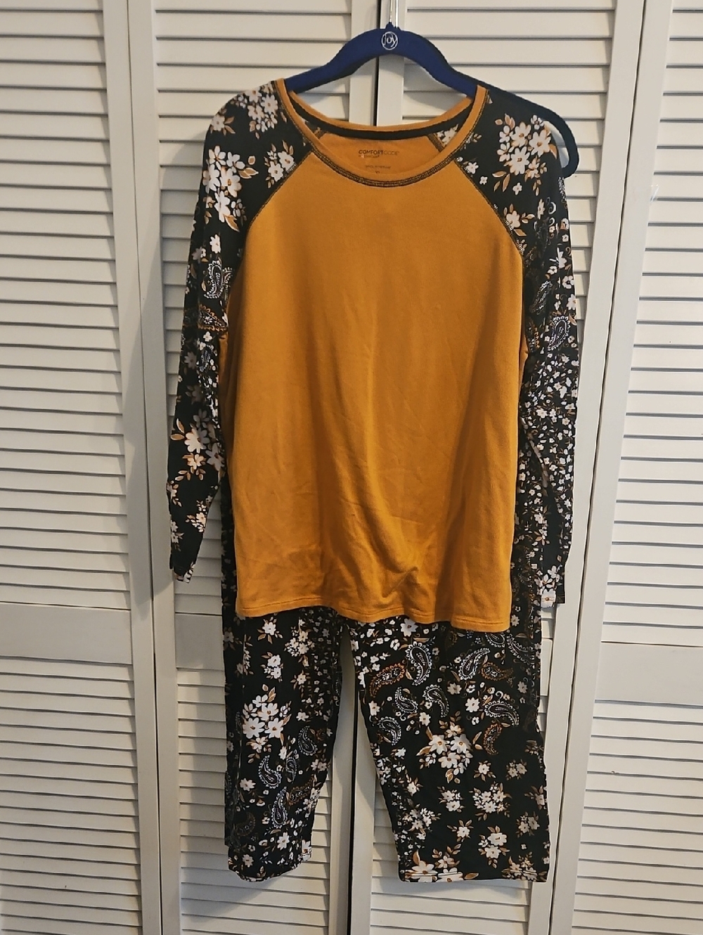 Comfort Code Mustard Raglan Top with Black Floral Pajama Set